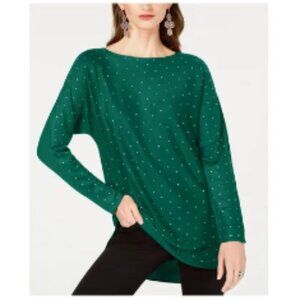 💕 NWT INC Green Embellished Polka Dot Long Sleeve Jewel Neck Hi-Lo Sweater XS